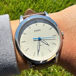 Fossil Men's Silver Stainless Steel Wristwatch Brown Leather Strap 5 ATM